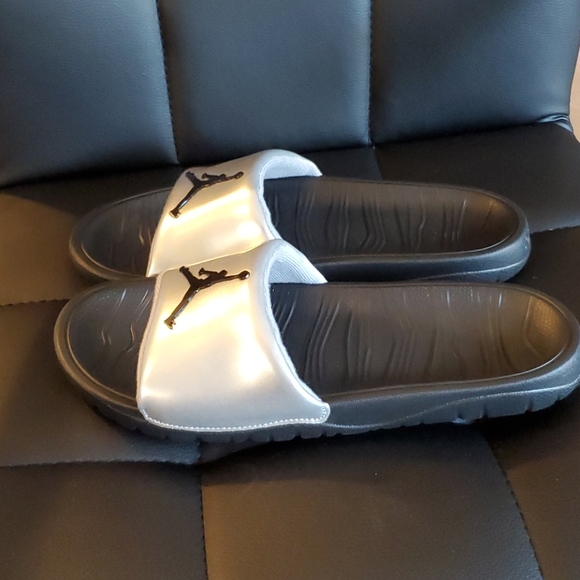 Black and Silver Jordan Slides- Jordans Flip Flops - Picture 3 of 4